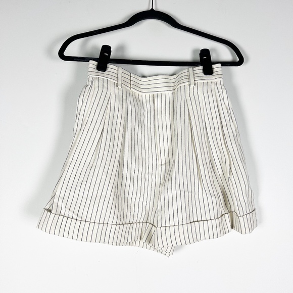 NEW Frame Pleated Wide Cuff High Waisted Twill Cream Multi Pin Stripe Shorts 0